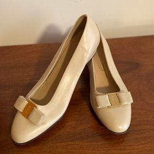 Salvatore Ferragamo Cream Flats with Gold Buckle